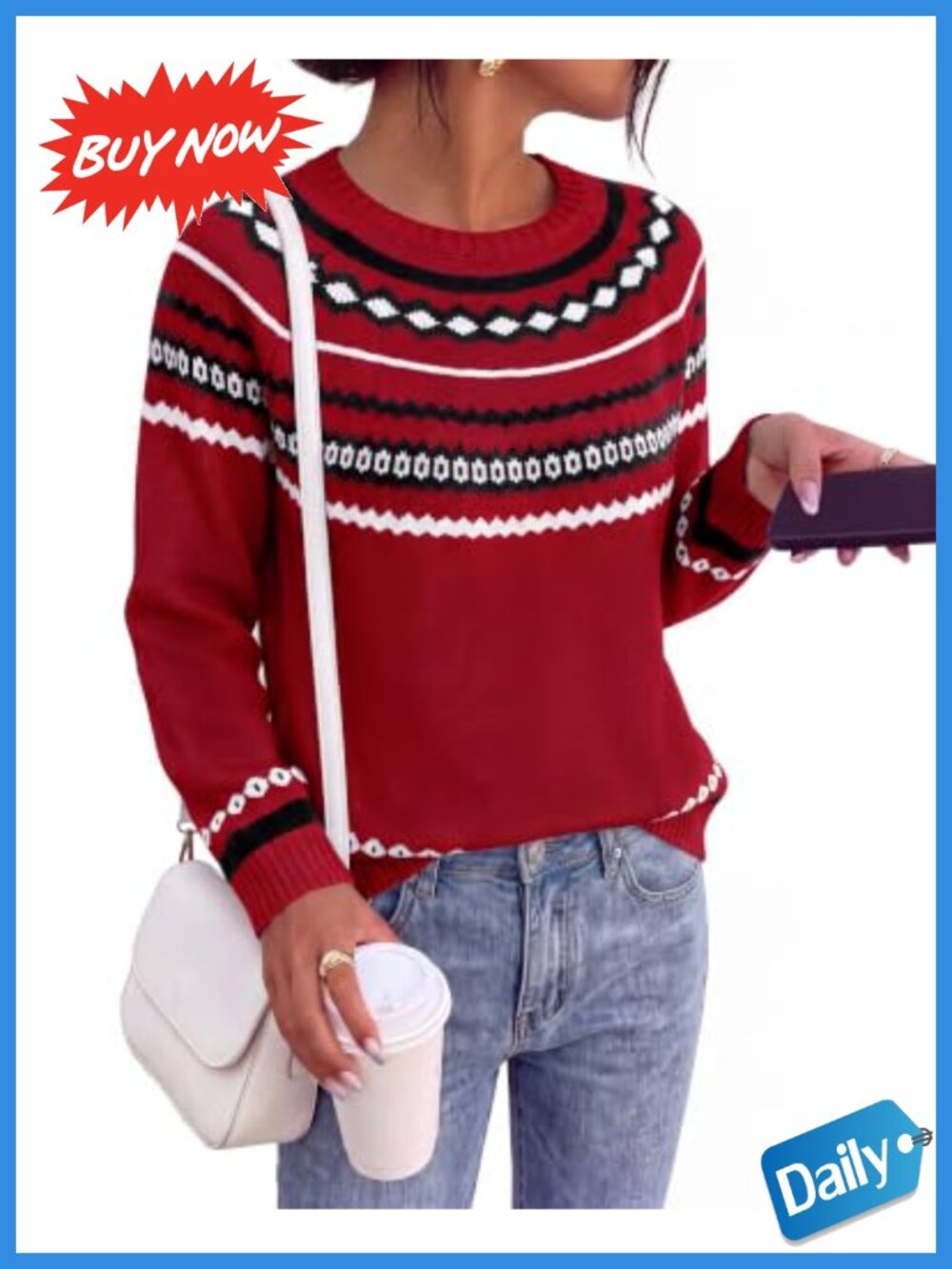 Womens Fair Isle Knit Sweater Crew Neck Long Sleeve Pullover